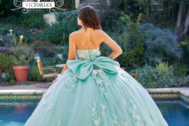 Victorias Elegance teal quinceanera dress